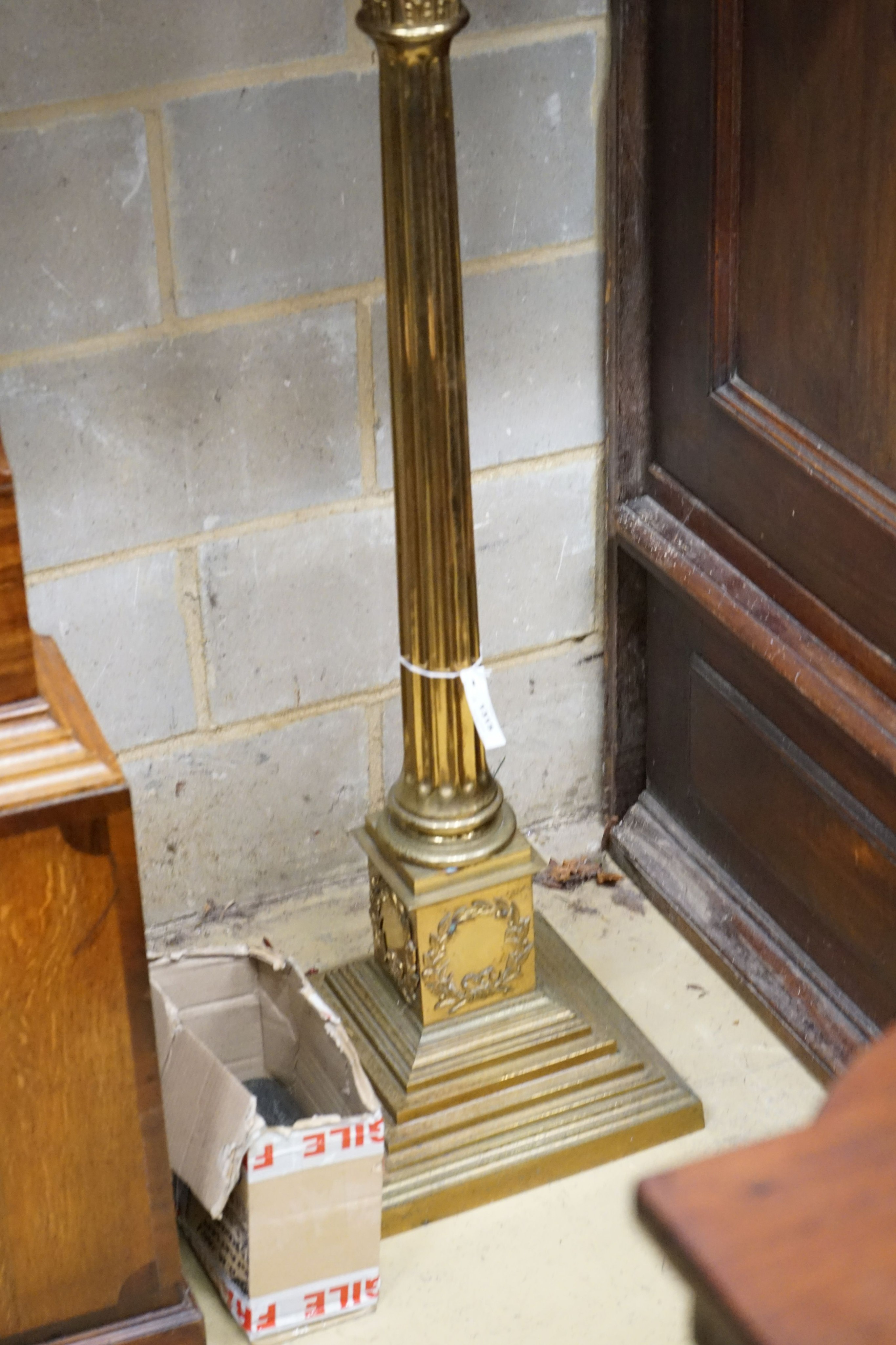 A late Victorian lacquered brass corinthian column oil lamp standard, converted to electricity, height excluding shade 144cm